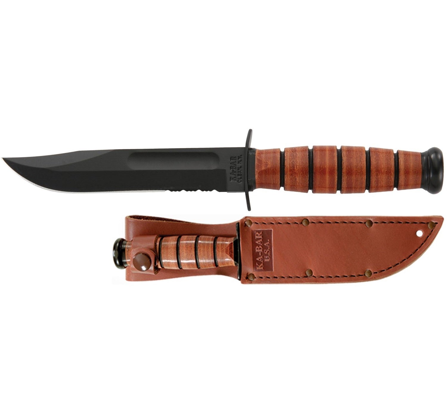 KA-BAR Short Fixed 5.25 in Black Combo Blade Leather Handle